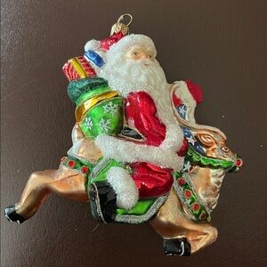 Hand Blown Glass Christmas Tree Ornament - Santa Riding Reindeer w/ Bag of Gifts